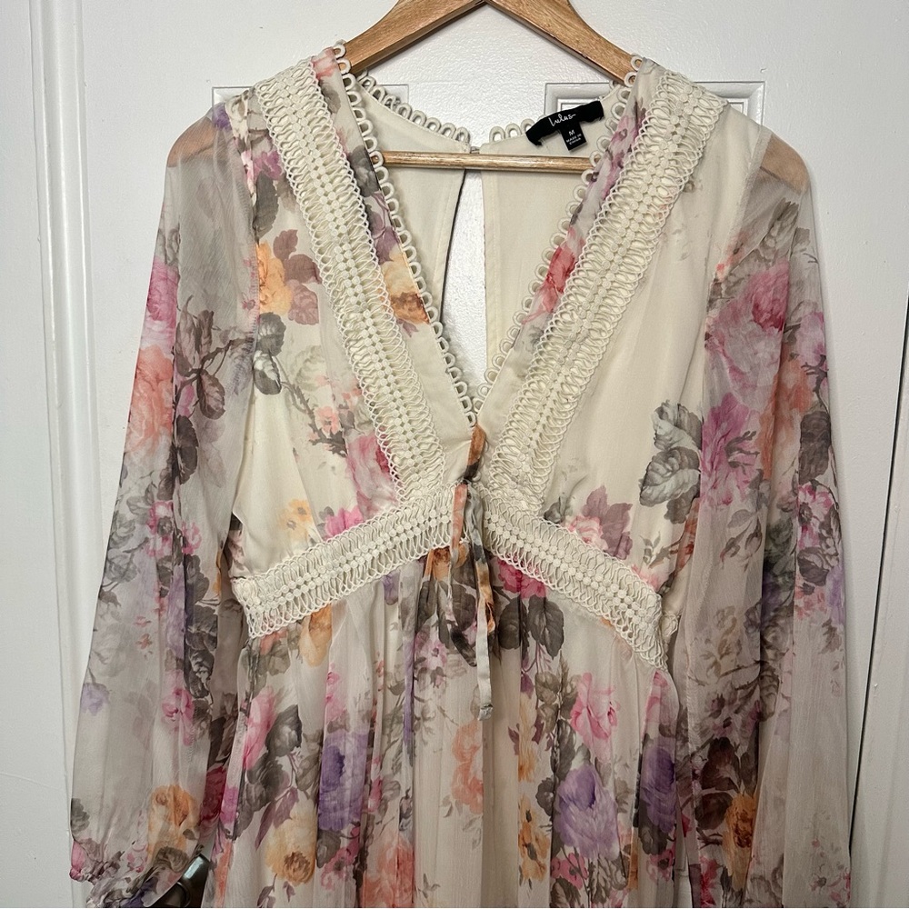 Lulus Season Of Sweetness Ivory Floral Mini Dress Bubble Sleeve Garden Bridal M - Picture 3 of 6